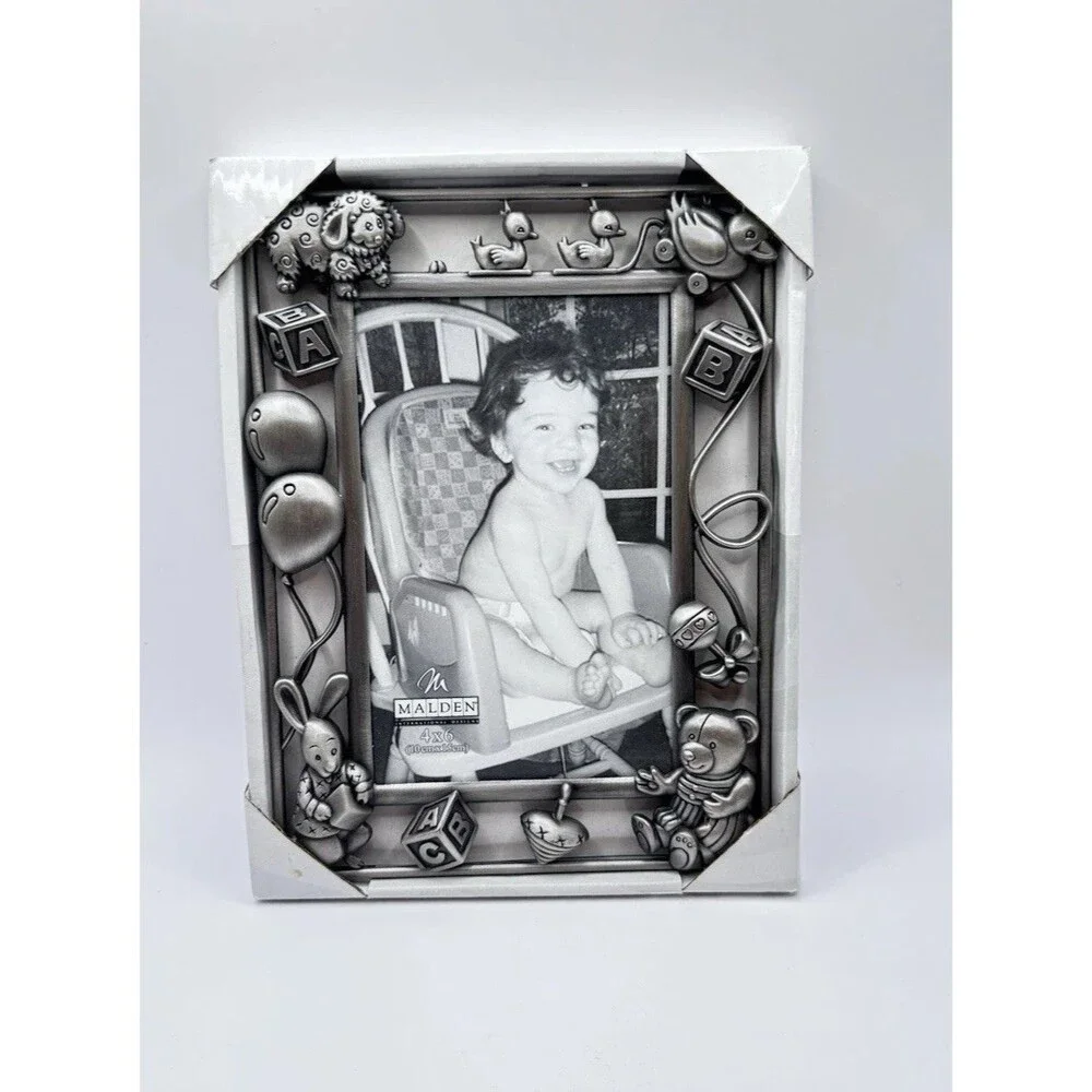 Malden Baby Nursery Photo Frame 4x6 Silver Tone Teddy Bear Blocks NIB